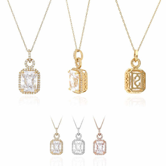 14K Gold 4.50CTW Emerald Cut CZ Halo Pendant Chain Necklace 18"