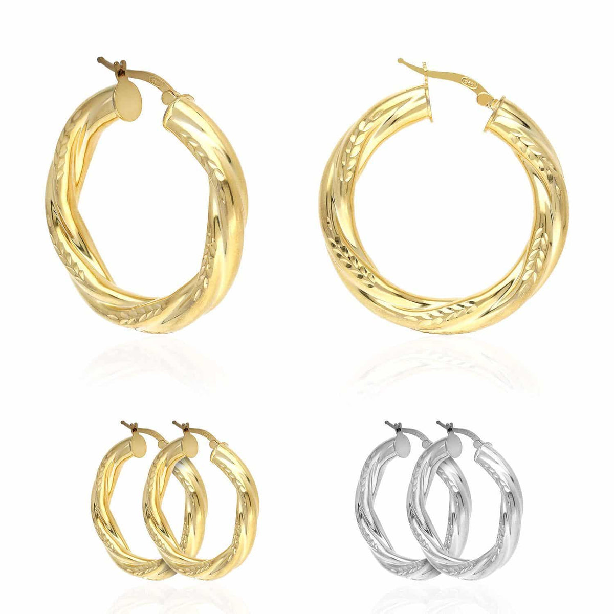 14k Gold Over Silver Twisted Tube Diamond-Cut Diameter Hoop Earrings 36mm