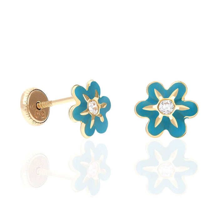 Kids 14K Gold Enamel Flower CZ Screw Back Baby Stud Earrings 7mm