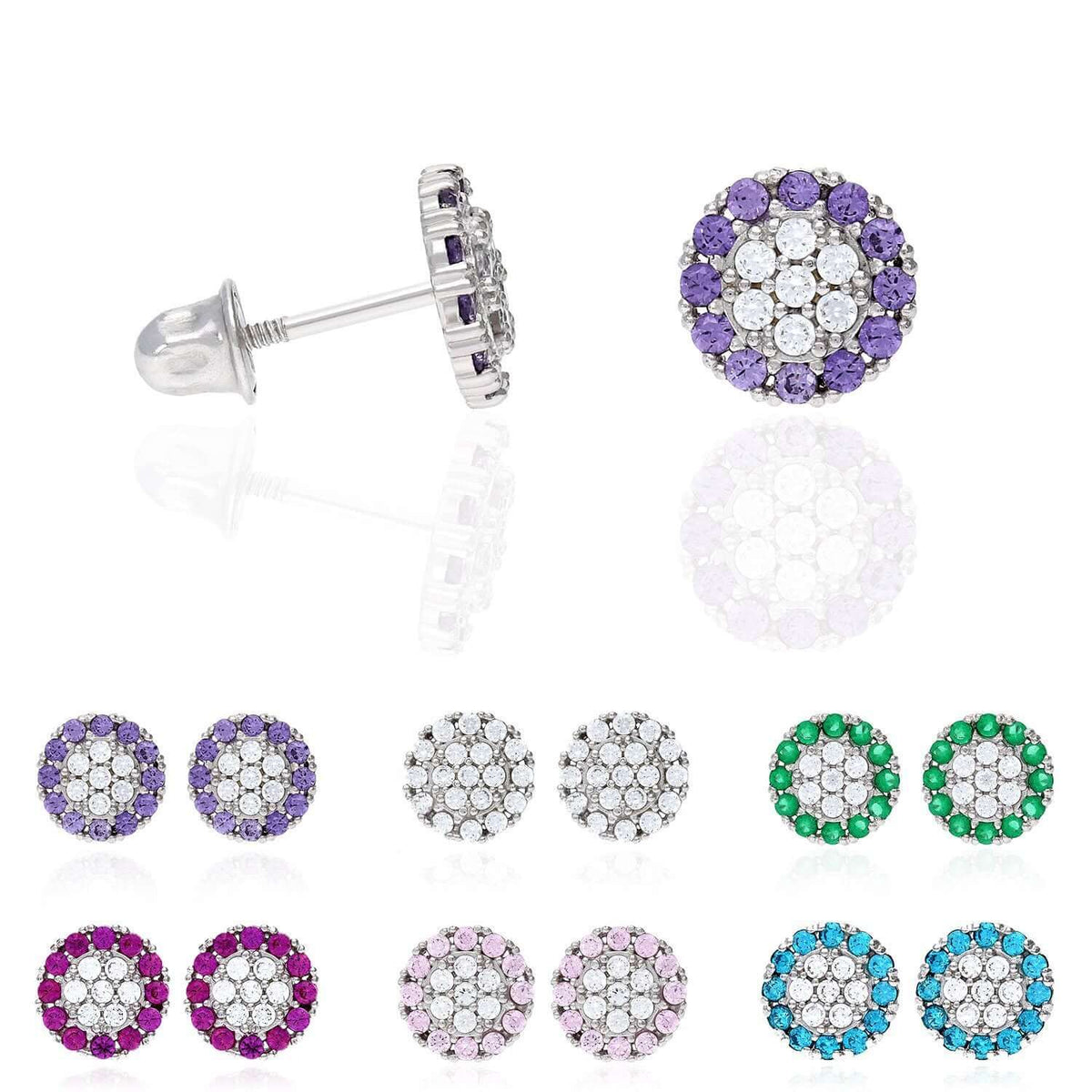 14K Gold CZ Gemstone Halo Round Cluster Screw Back Stud Earrings