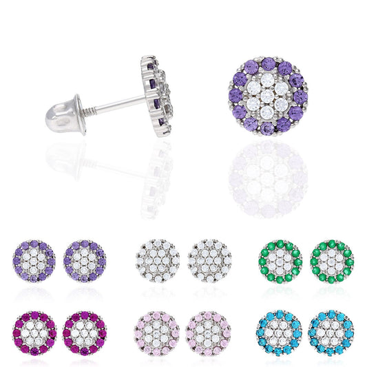 14K Real Gold CZ Gemstone Halo Round Cluster Screw Back Stud Earrings