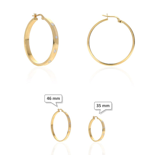 14K Two-Tone White Yellow Gold Flat Tube Screw Design Hoop Earrings 35mm 46mm