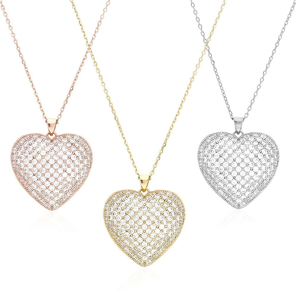 CZ Yellow Rose White Gold Over Silver Heart Pendant Chain 16" 18"