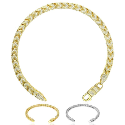 14K Gold Over Sterling Silver Pave Zirconia 6mm Franco Bracelet (Solid Links) 8"-9"