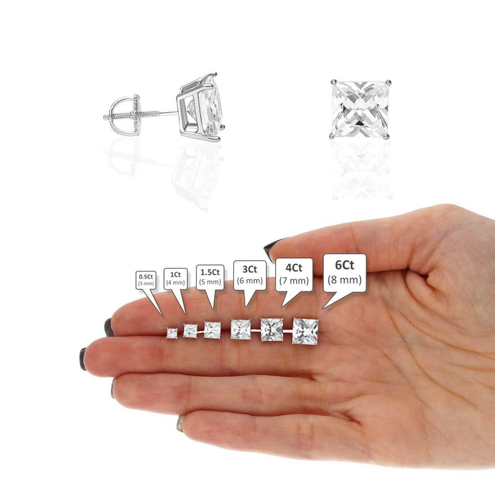 925 Sterling Silver Princess-Cut CZ Solitaire Screw Back Stud Earrings 0.5CT-6CT