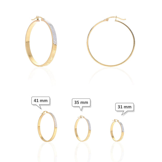 14K Two Tone Yellow White Gold Flat Tube Diamond Cut Hoop Earrings 31mm - 41mm