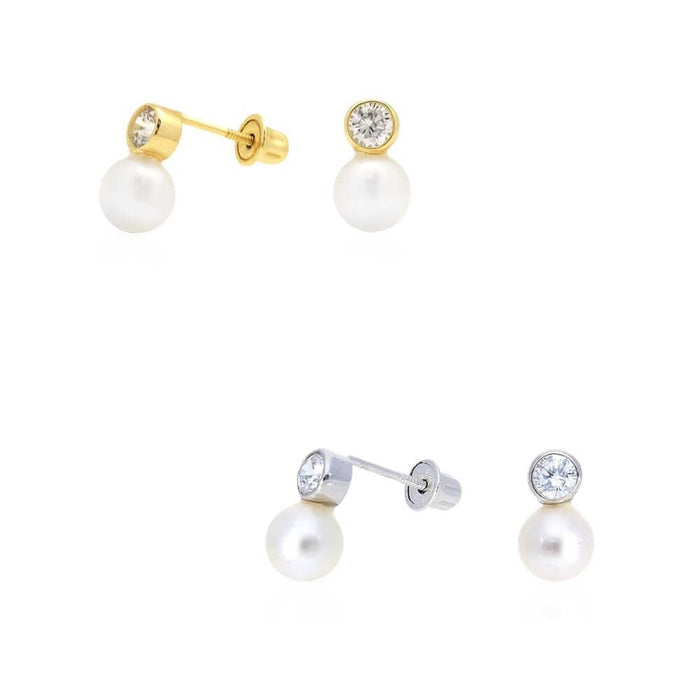 14k Yellow Gold White Gold Cultured Pearl CZ Screw Back Earrings
