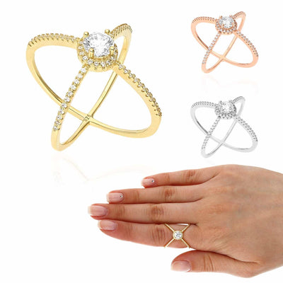 Yellow White Rose Gold Tone White Zirconia Sterling Silver Crisscross Halo Ring