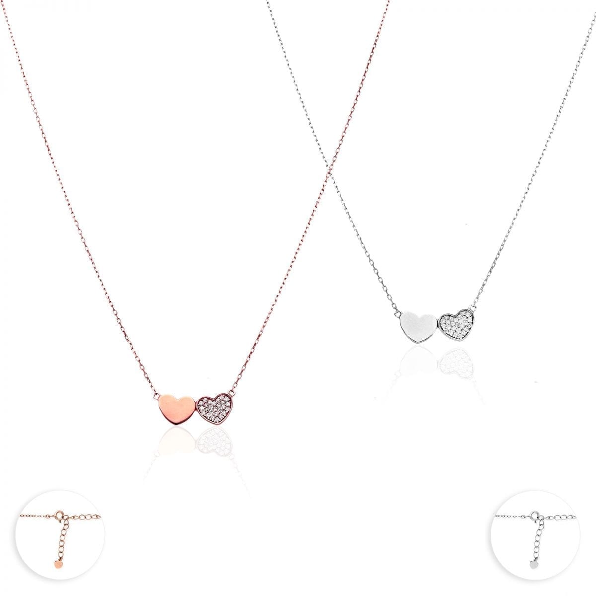 Rose Gold & White Gold Over 925 Sterling Silver CZ Heart Cable Necklace 18"