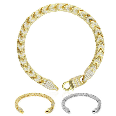 14K Gold Over Sterling Silver Pave Zirconia 7mm Franco Bracelet (Hollow) 8.5"-9"