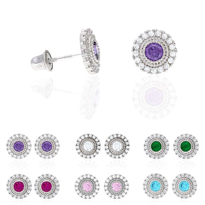 14K White Gold Color Gemstone Round Halo Fancy Birthstone Screw Stud Earrings