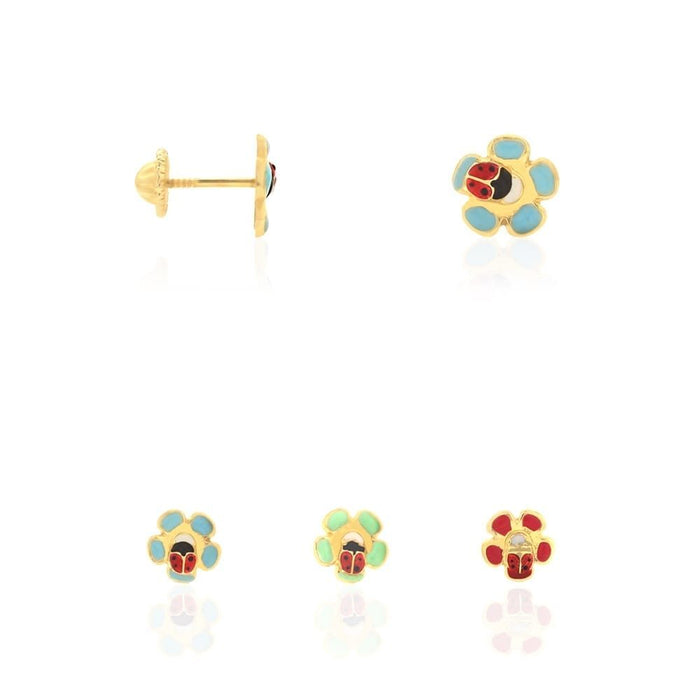 14k Yellow Gold Enamel Ladybug & Flower Screw Back Stud Kid Earrings