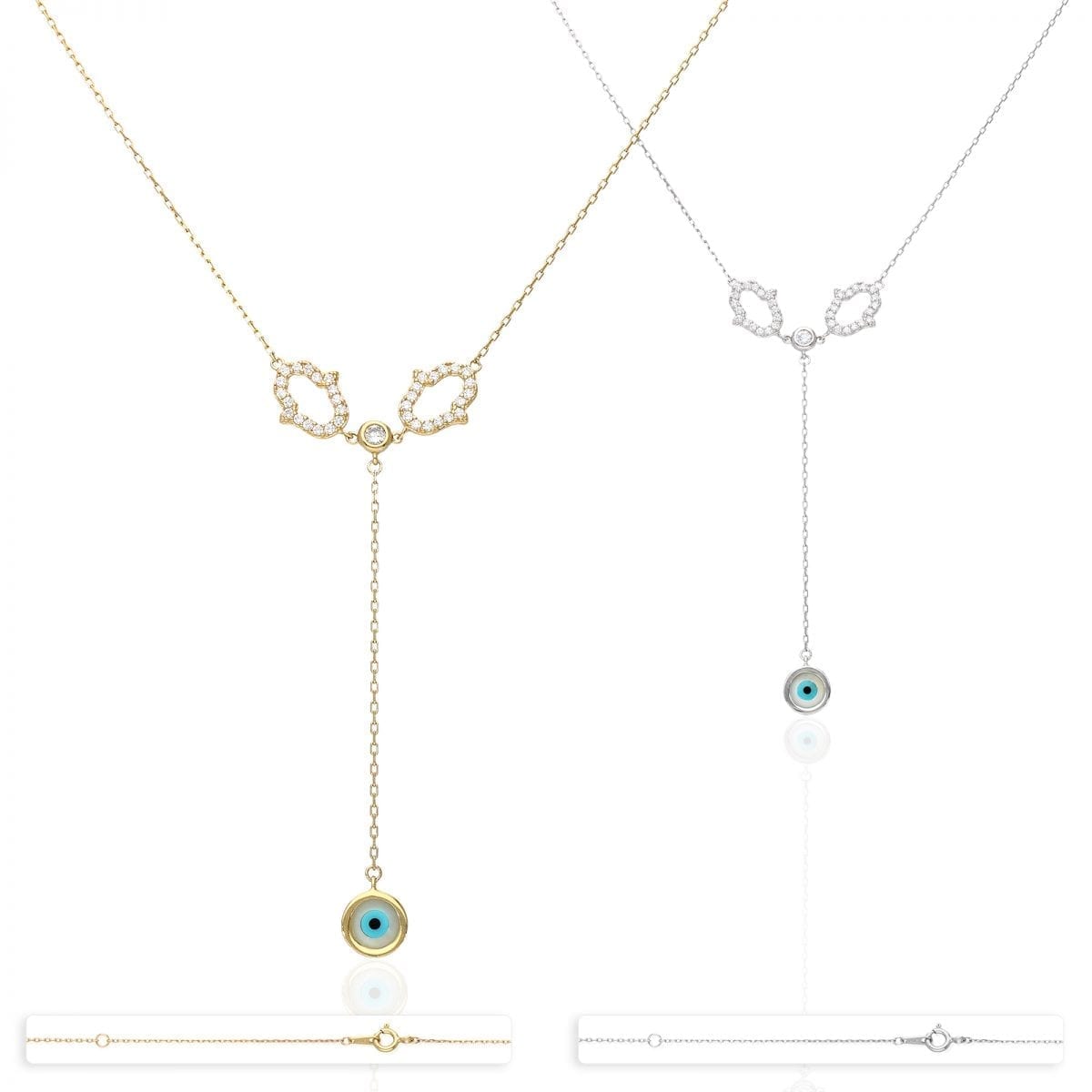 14k Yellow & White Gold Over 925 Sterling Silver CZ Hamsa Evil Eye Necklace 18"