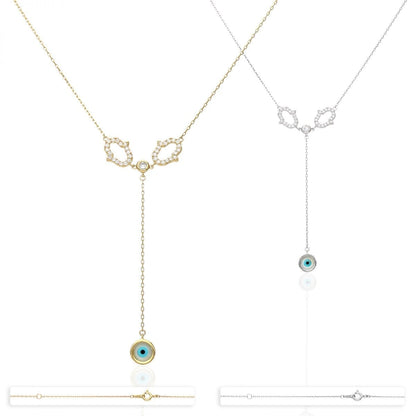 14k Yellow & White Gold Over 925 Sterling Silver CZ Hamsa Evil Eye Necklace 18"