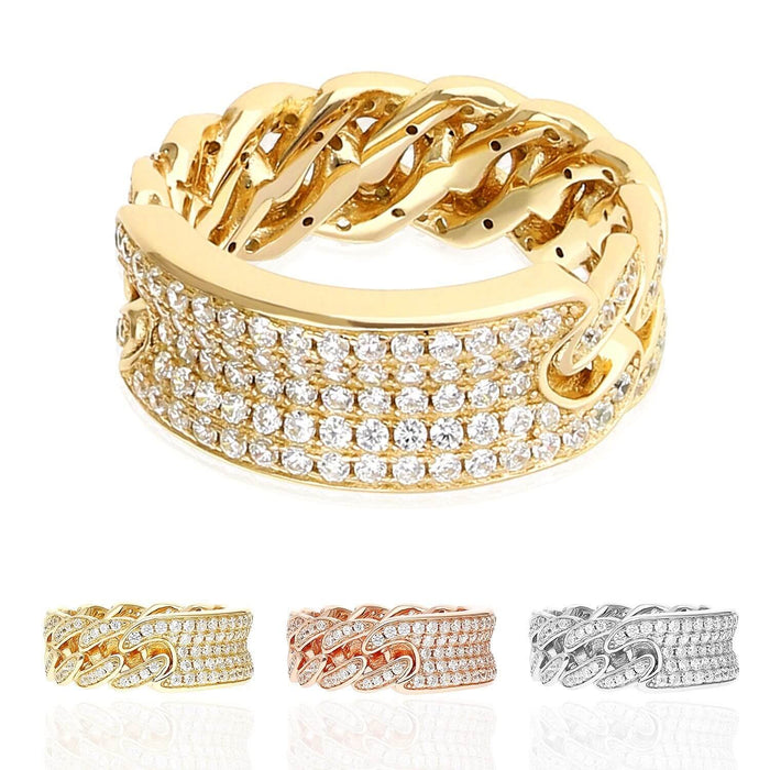 Gold Over 925 Silver All-Around 5-Row Pave CZ Miami Cuban Ring