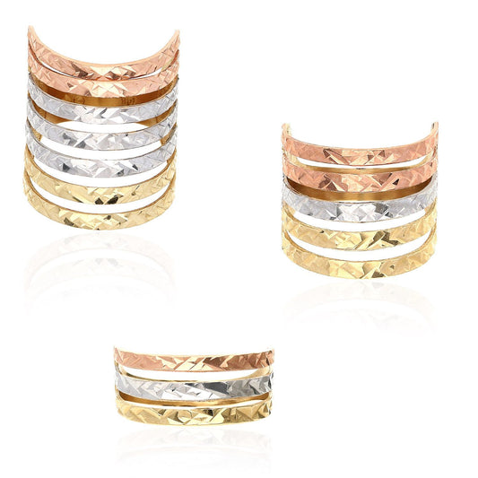 14K Real Gold Tri Color Yellow Rose White Diamond Cut Semanario Style Band Ring
