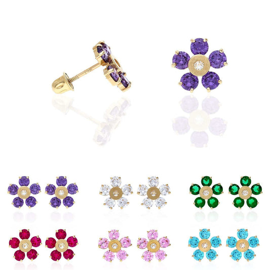 14K Yellow Gold Color Simulated Gemstone Flower Screw Back Stud Earrings