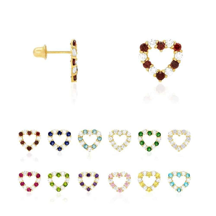 14k Yellow Gold CZ & Birthstone Heart Screw Back Stud Earrings