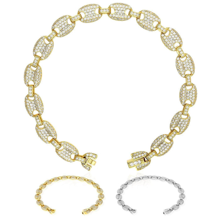 Gold Over Sterling Silver CZ 8mm Puffed Mariner Anchor Bracelet (Hollow) 8"-9"