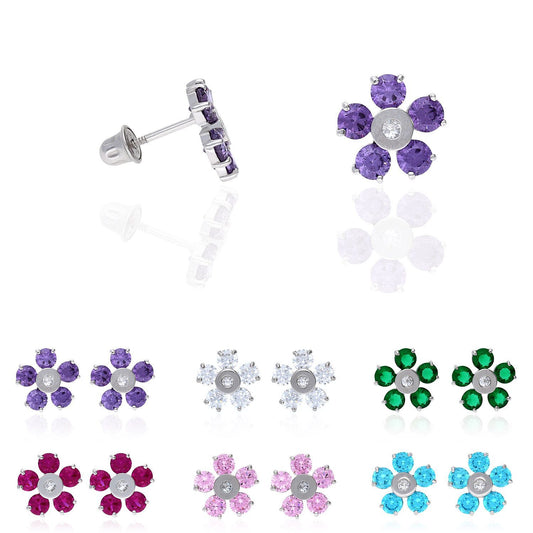 14K Solid White Gold Color Gemstone Flower Screw Back Stud Earrings
