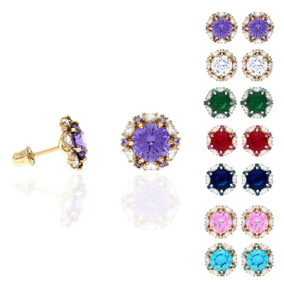 14K Yellow Gold Round And Marquise Gem Birthstone Halo Stud Earrings