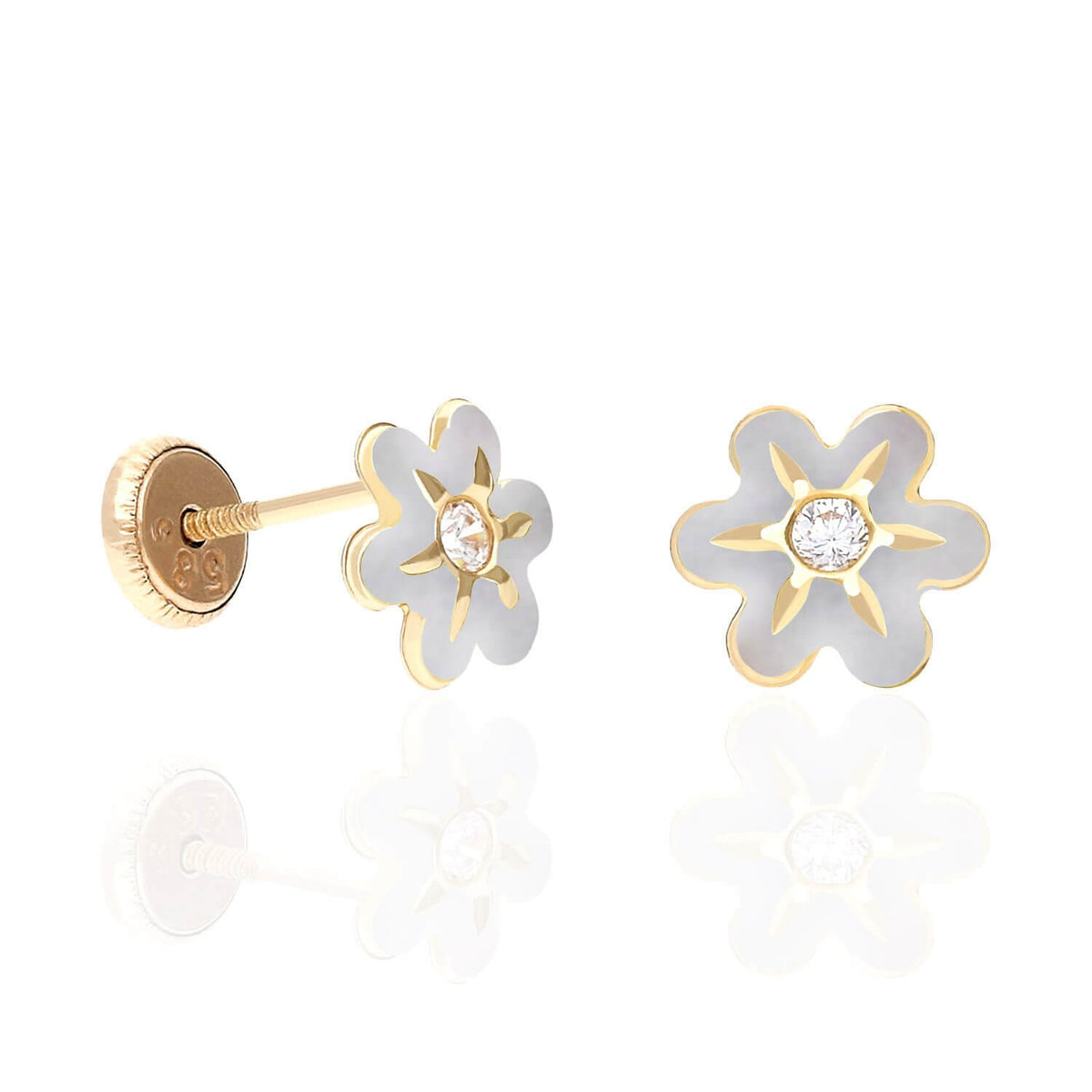 Kids 14K Gold Enamel Flower CZ Screw Back Baby Stud Earrings 7mm