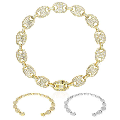 Gold Over Silver CZ 10mm Puffed Mariner Anchor Bracelet (Hollow) 8"-9"