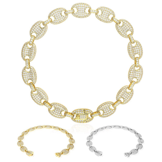 Gold Over Silver CZ 10mm Puffed Mariner Anchor Bracelet 8"-9"