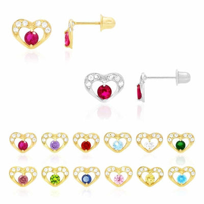 0.50CTW CZ Birthstone Heart Earrings 14K Yellow or White Gold Screw Back