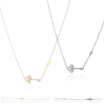 14k Yellow Gold Black Rhodium Over 925 Silver CZ Key Pendant Cable Necklace 18"