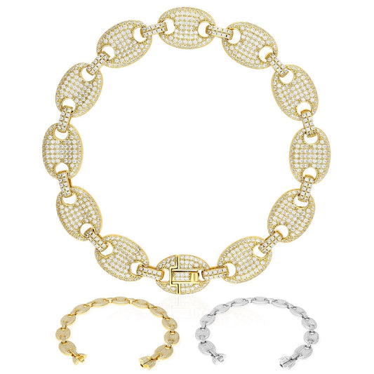 Gold Over 925 Silver Pave Zirconia 12mm Puffed Mariner Anchor  Bracelet