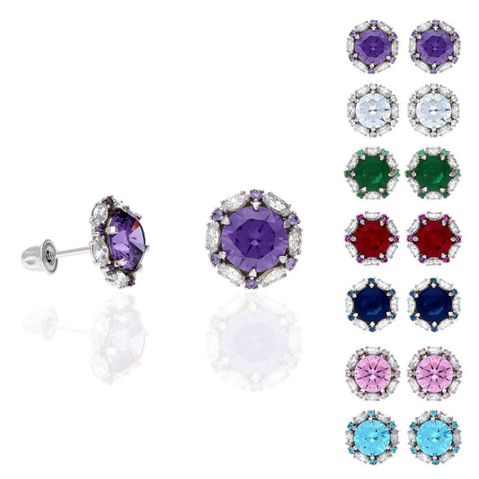 14K Solid White Gold Round And Marquise Gem Birthstone Halo Stud Earrings