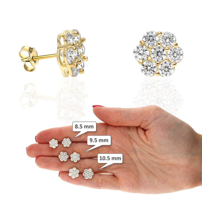 10K Gold Round CZ Flower Cluster Stud Earrings 8.5-10.5mm