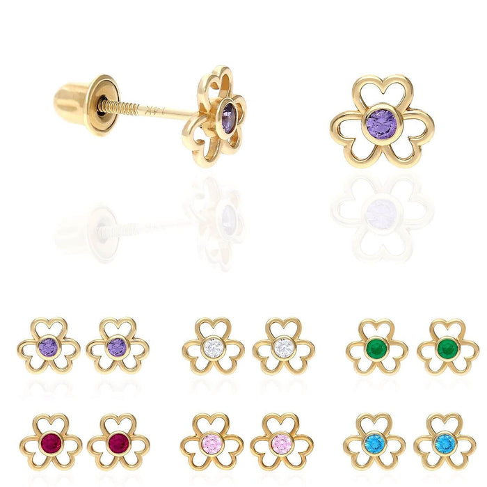 14K Yellow Gold Color Birthstone Open Flower Kids Screw Back Stud Earrings