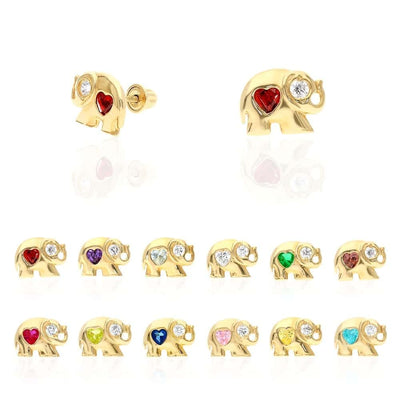 14k Yellow Gold Heart Birthstone Elephant Screw Back Stud Earrings