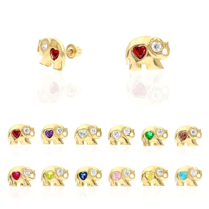 14k Yellow Gold Heart Birthstone Elephant Screw Back Stud Earrings