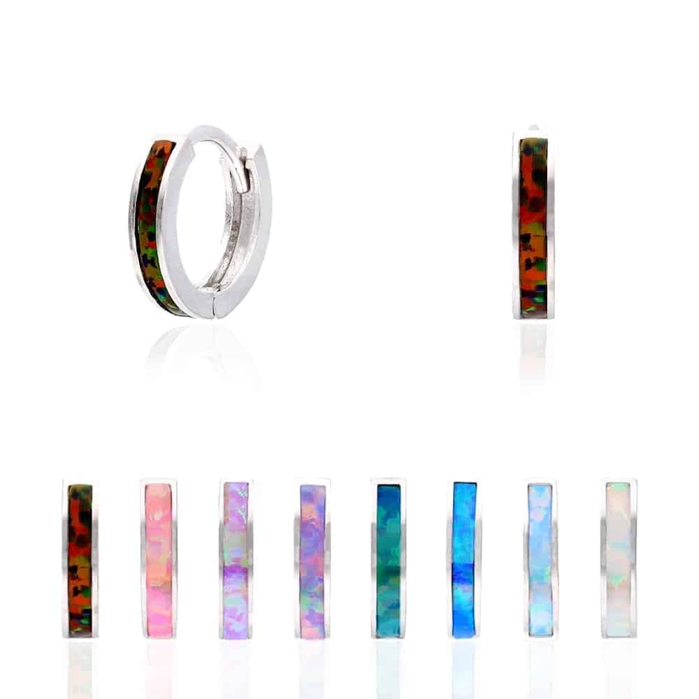 925 Sterling Silver 1-Stripe Fire Opal Huggie Hoop Earrings 0.5"