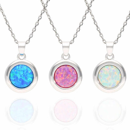 925 Silver Cabochon Blue Purple White Fire Opal Round Pendant Necklace 18"