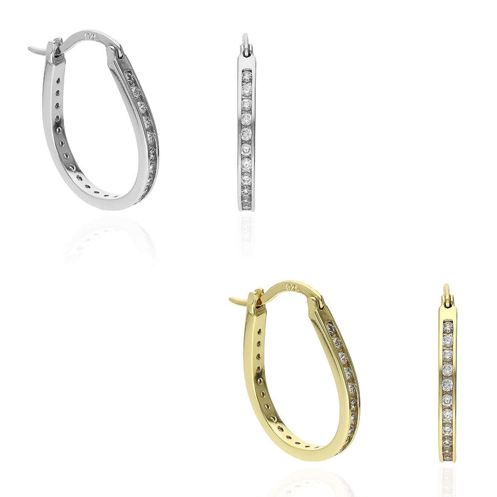 Yellow White Gold Over 925 Silver Channel-Set CZ Hoop Earrings