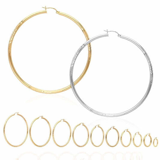 14K Solid Yellow & White Gold 3mm Diamond Cut Finish Hoop Earrings 19-75mm