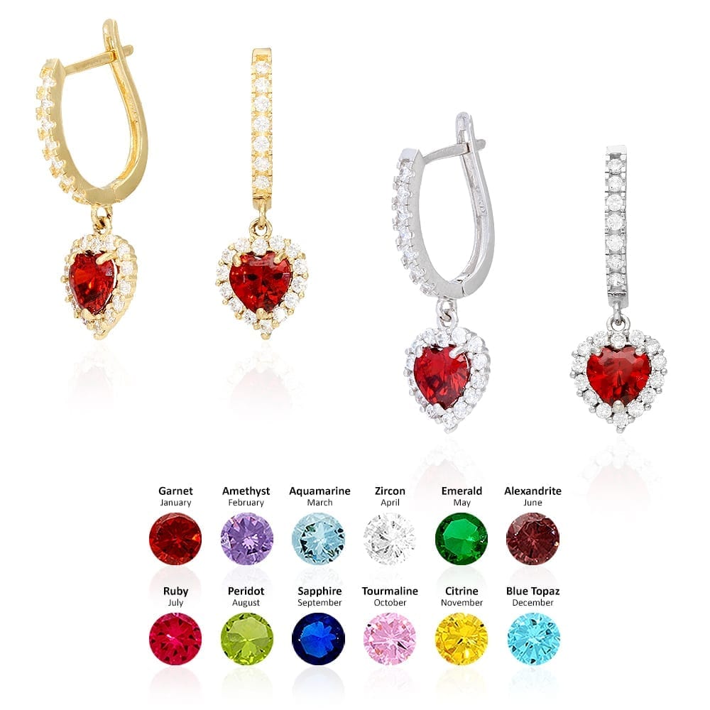 14k Yellow Gold White Gold Heart Birthstone Diamond Halo  Earrings 1"