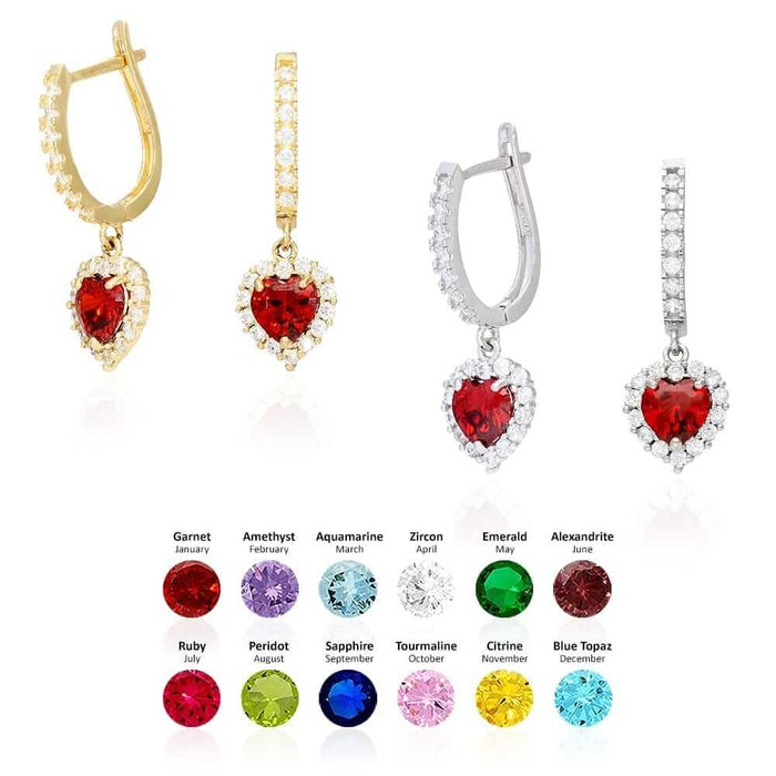 14k Yellow Gold White Gold Heart Birthstone Diamond Halo Earrings 1"