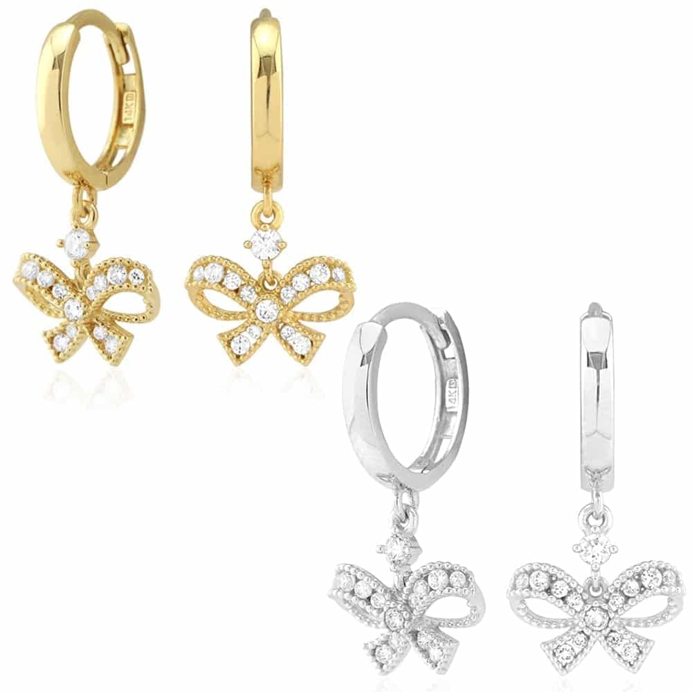 14k Yellow Gold CZ Bow Shaped  Drop Huggie Hoop Earrings