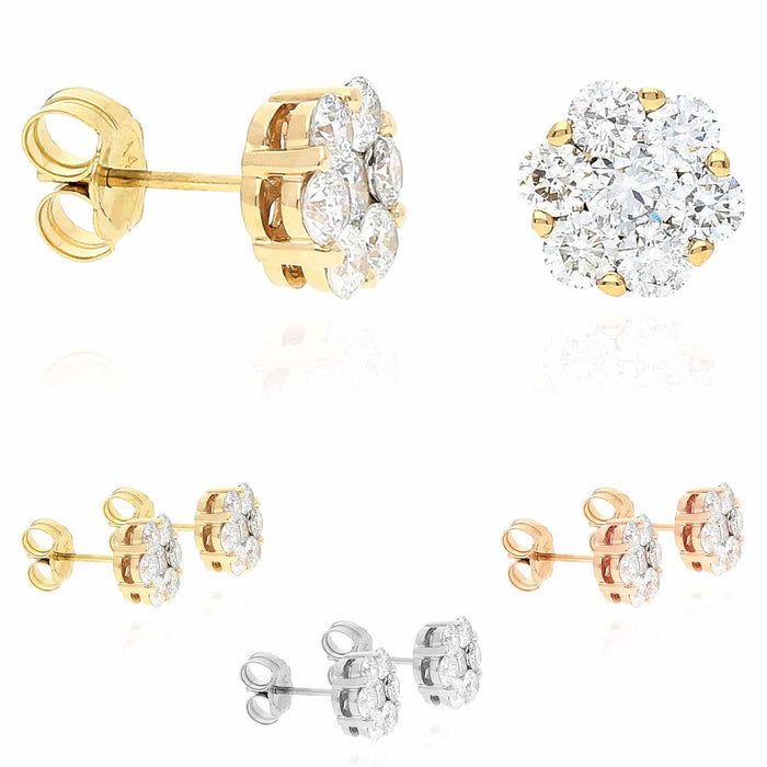 1.9 Ct Lab-Grown Diamond Cluster Flower Stud Earrings 14K Yellow White Rose Gold