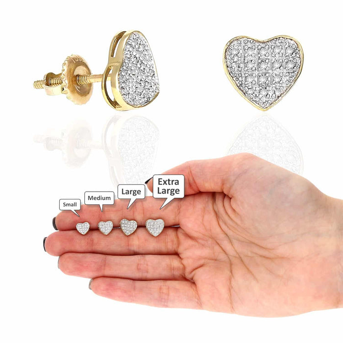 Natural Diamond 10k Yellow Gold Pave Heart Stud Earrings 6.5mm-9mm