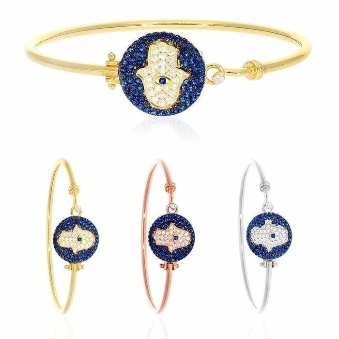 Sterling Silver CZ Blue Evil Eye Hamsa Hand Bangle Bracelet 6.75"