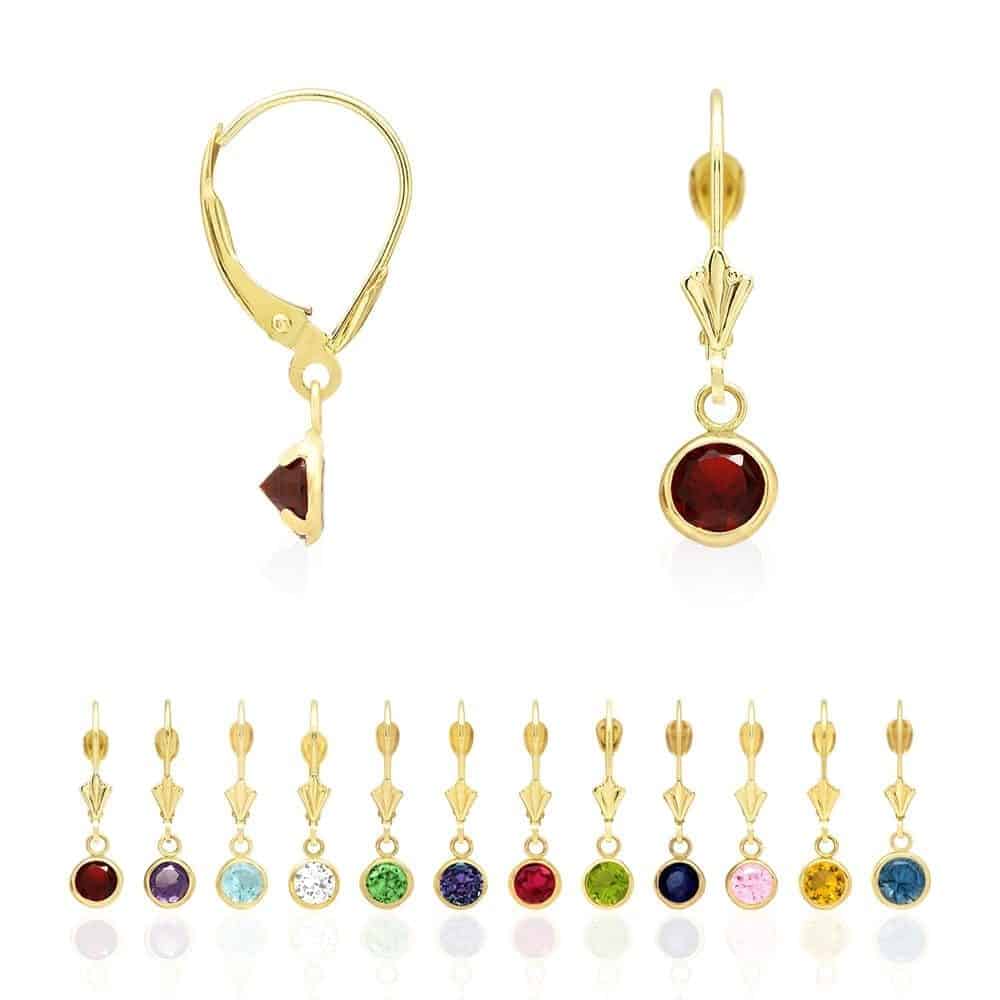 14k Yellow Gold Round Bezel Simulated Birthstone Drop Leverback Earrings
