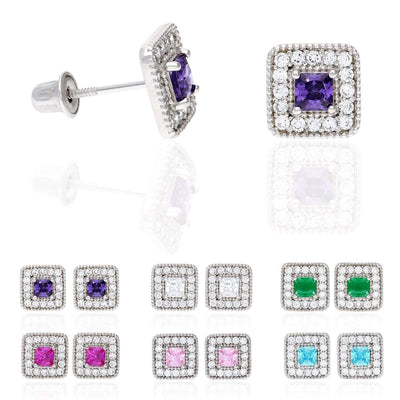 14K White Gold Square Color Gemstone Screw Back Halo Stud Earrings