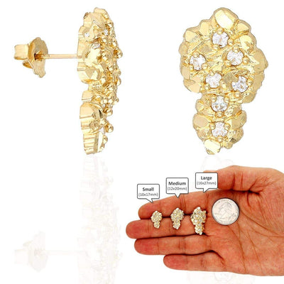 10K Yellow Gold CZ Diamond-Cut Nugget Stud Earrings 17mm-27mm