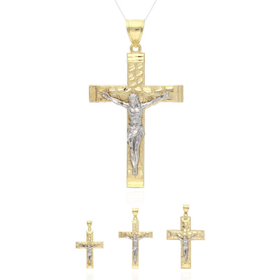 10K Yellow White Two Tone Gold Religious Jesus Crucifix Nugget Cross Pendant